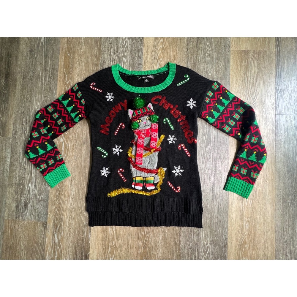 United States Sweaters Holiday Cat Sweater Womens Small‎ Black Meowy Christmas